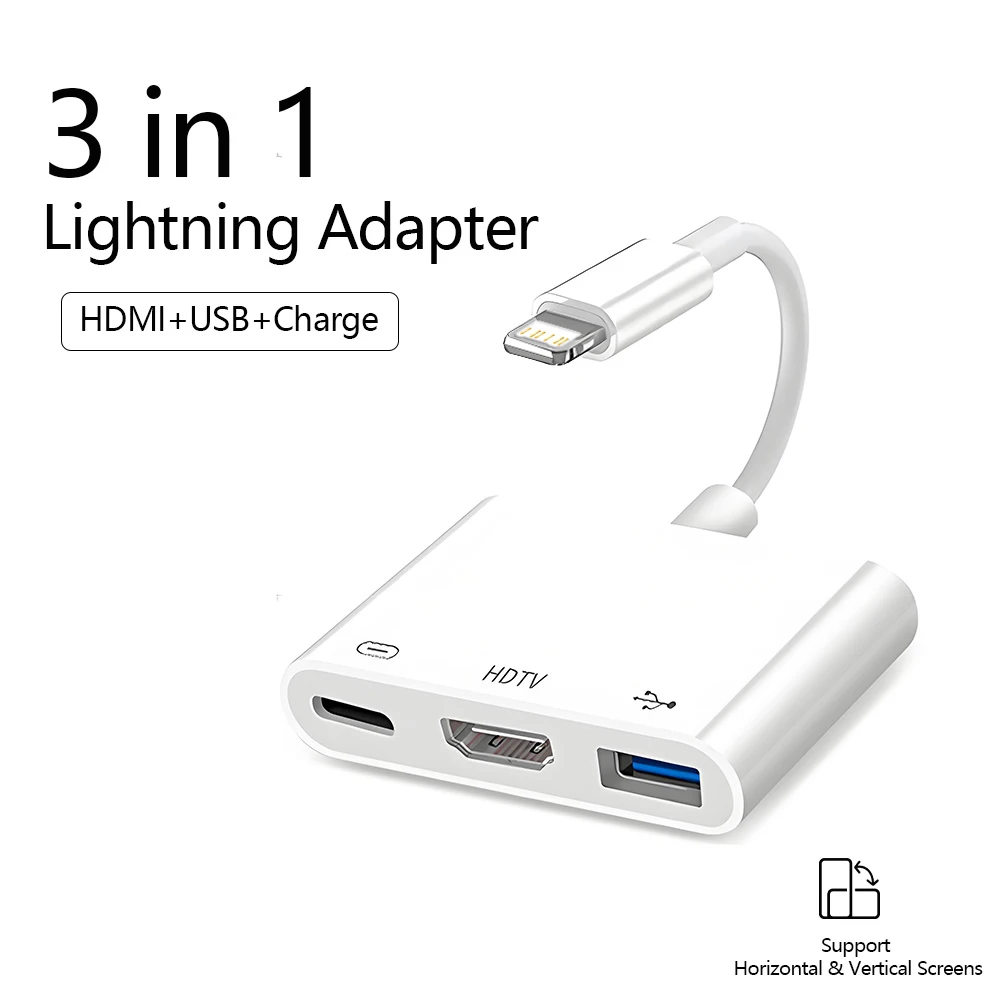 3 in 1 Lightning to HDMI Adapter, USB 3.0 Port & USB-C Charging Port Compatible for MacBook Pro iPad Air iPhone 14 13 12