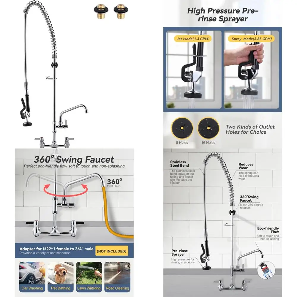 

Wall-Mounted Commercial Kitchen Faucet with Sprayer: ARCORA 47 High, 8 Centers, 12 Sprayer Attachment