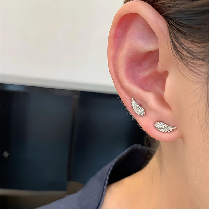 Fashion Silver Color Zircon Wing Stud Earrings for Women Luxury Shiny Crystal Geometric Personality Ear Bone Nail Jewelry Gifts image 2