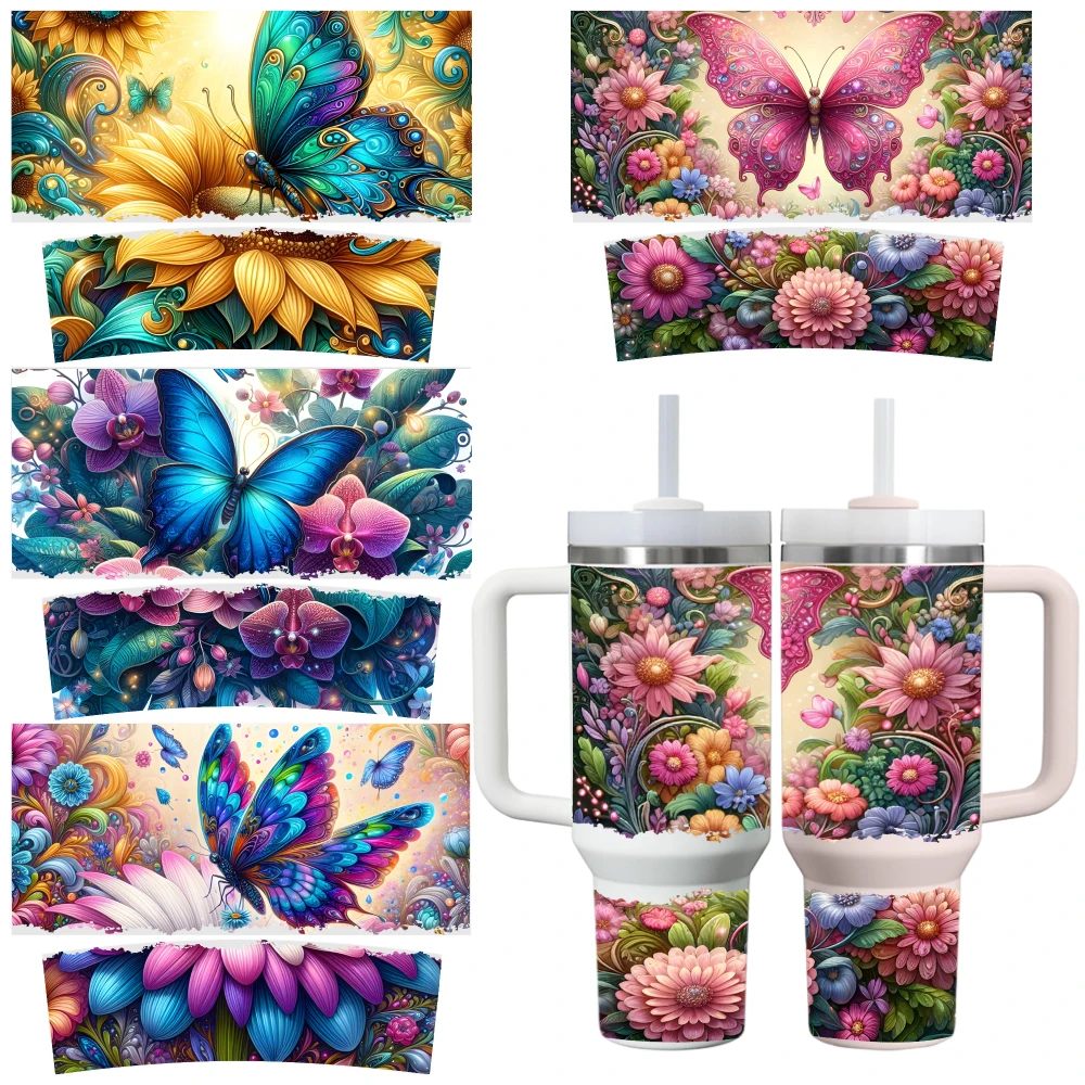 4 Sheets Butterfly Floral Artistic Vibrant Colorful Pattern UV DTF Stickers for 40oz Tumblers Decorative Vinyl Transfer Stickers