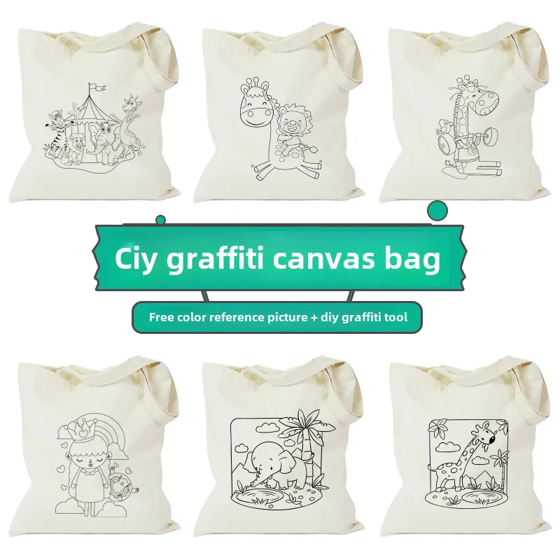 DIY met de hand geschilderde kleuren graffiti schilderij kindercartoon canvas draagtas op maat logo katoenen tas op maat