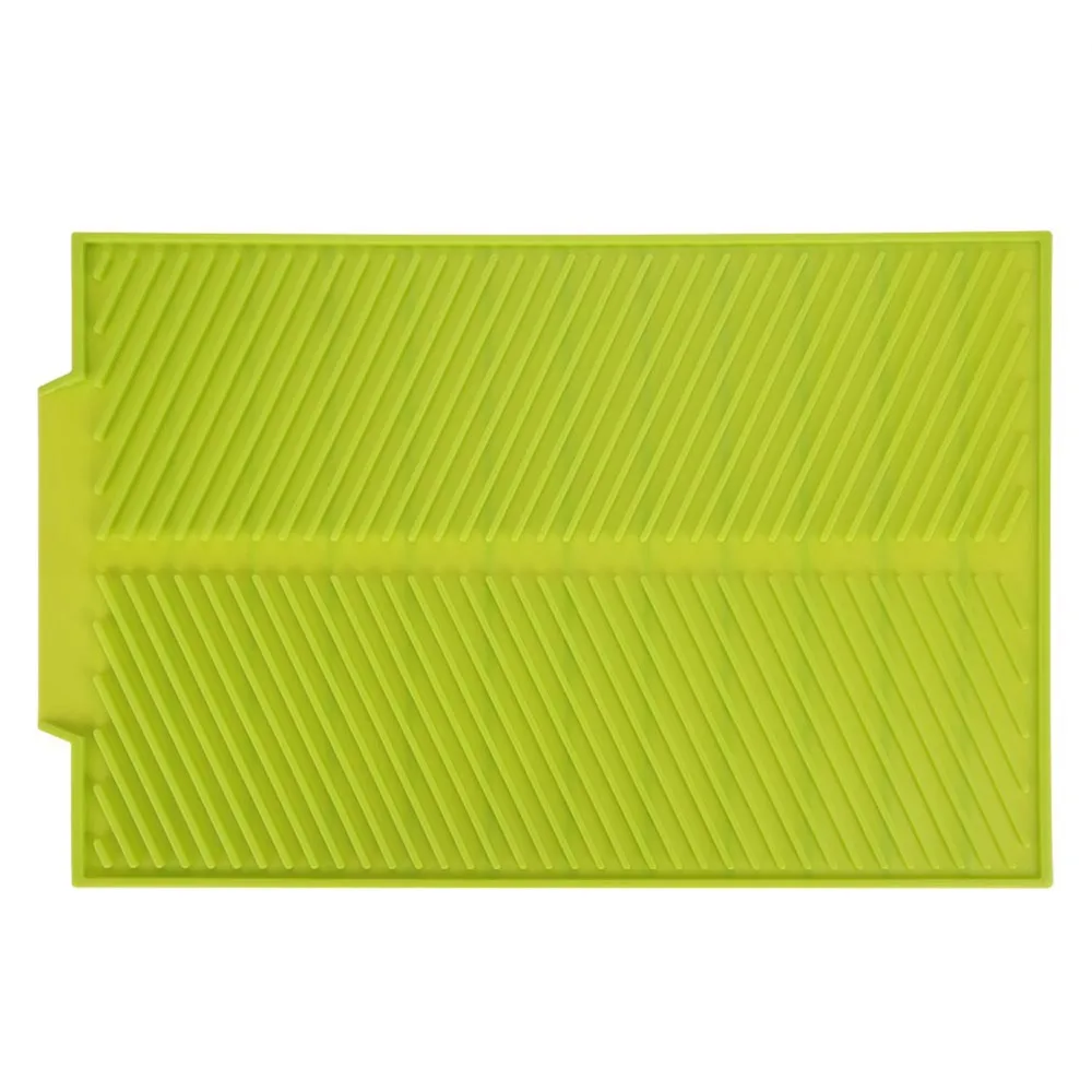 Silicone Dish Drying Mat Green Grey Built-in Lip Drain Tray Heat-Resistant Rectangle Shape Drying Rack Pad Kitchen Counter Sink
