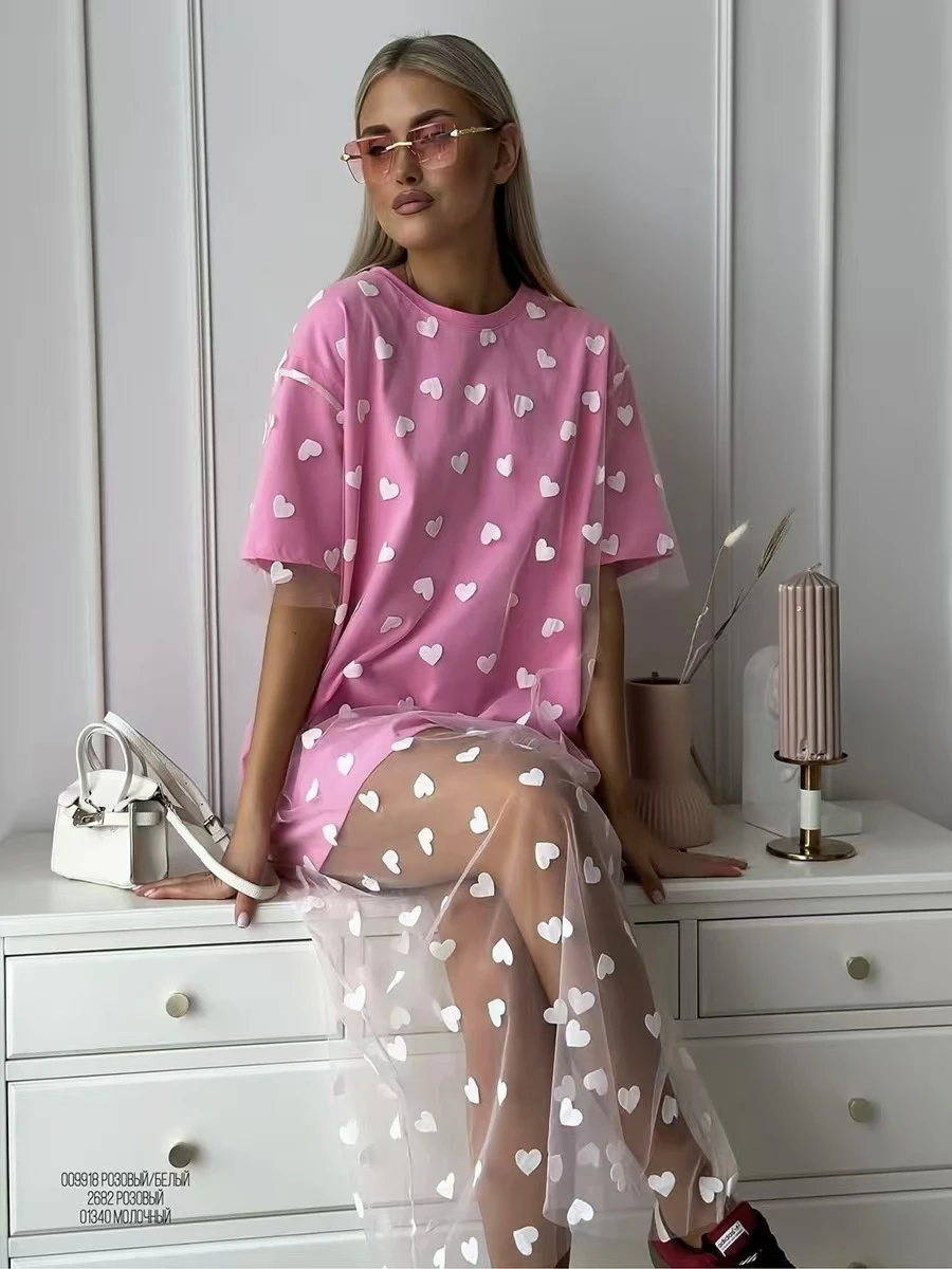 Sexy coeur m'appelle épissure t-shirt Dr femmes été longue Sve ronde Ne a-ligne jupe Sle décontracté confortable Dr