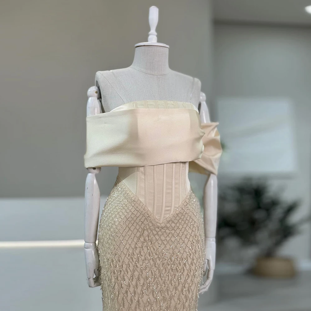 Alinovia Luxury Beaded Nude Off-the-Shoulder Mermaid Evening Dress 2025 Long Formal Prom Wedding Party Gown for Women Customized