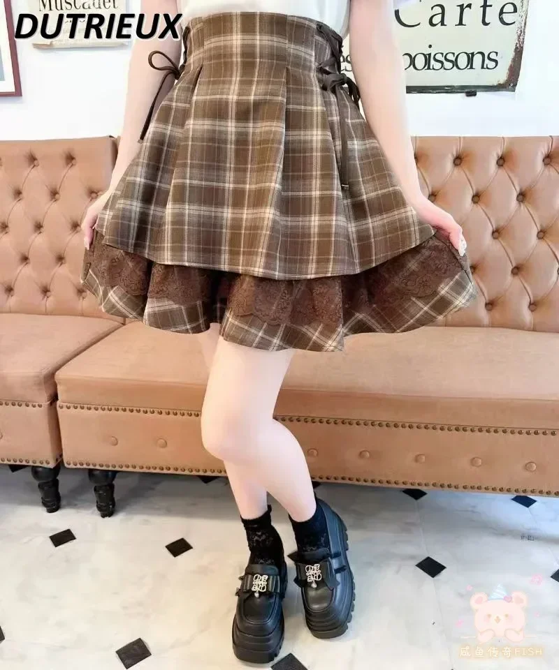 Rojita Skirts Women Autumn New Lace-up Double-Layer Mine Series Colored Lace Plaid Skirt for Women High Waist Ruffles Mini Skirt