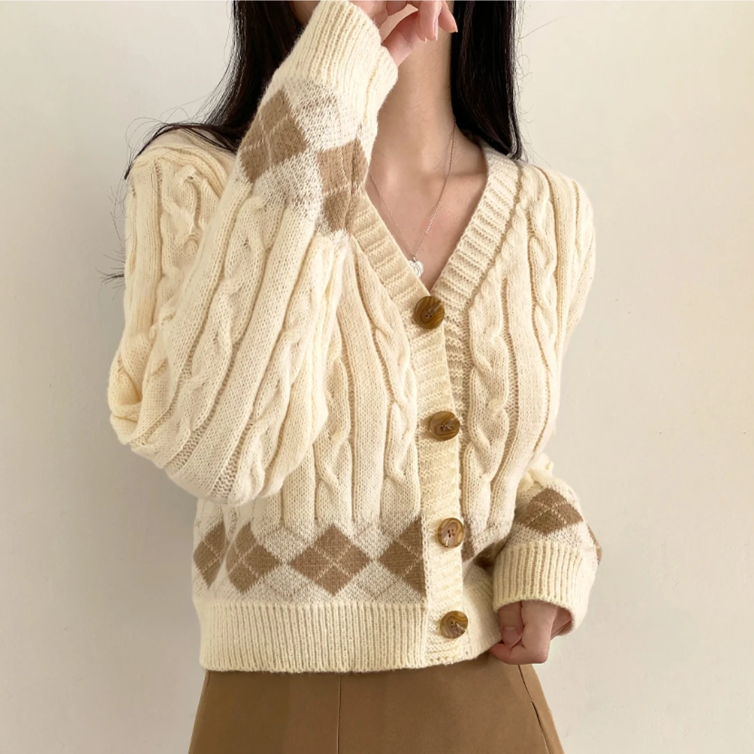 شيك ربيع الخريف منقوشة V-ne ort محبوك سترة مفتوحة سترة ملابس خارجية زر واحد الماس نمط المرأة #2