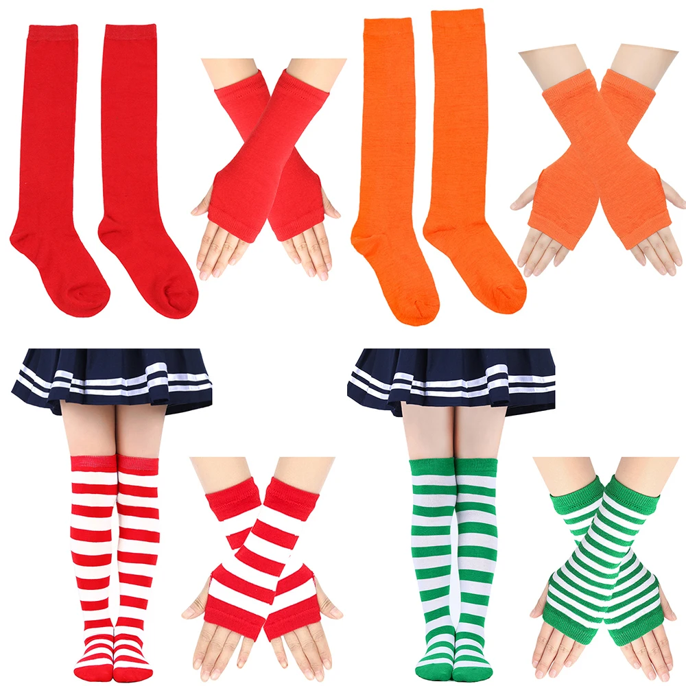 Weihnachten Armwärmer Fingerlose Handschuhe Gestreifte Lange Socken Über Knie Polyester Casual Anti Reibung Cosplay Strümpfe Kostüm