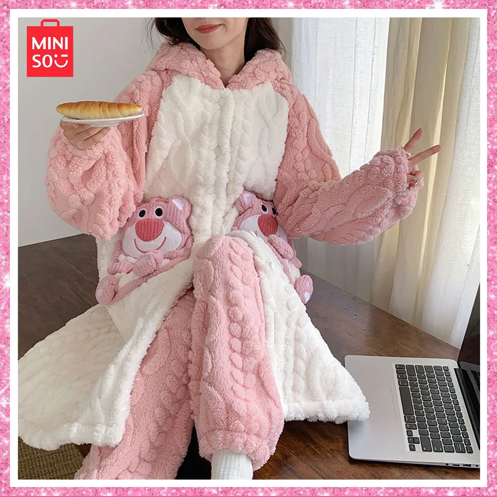 

Miniso Lotso Fashion Facecloth Girls Thickened Hooded Pajamas Fall and Winter Medium-Length Cardigan Robe Warm Christmas Gift