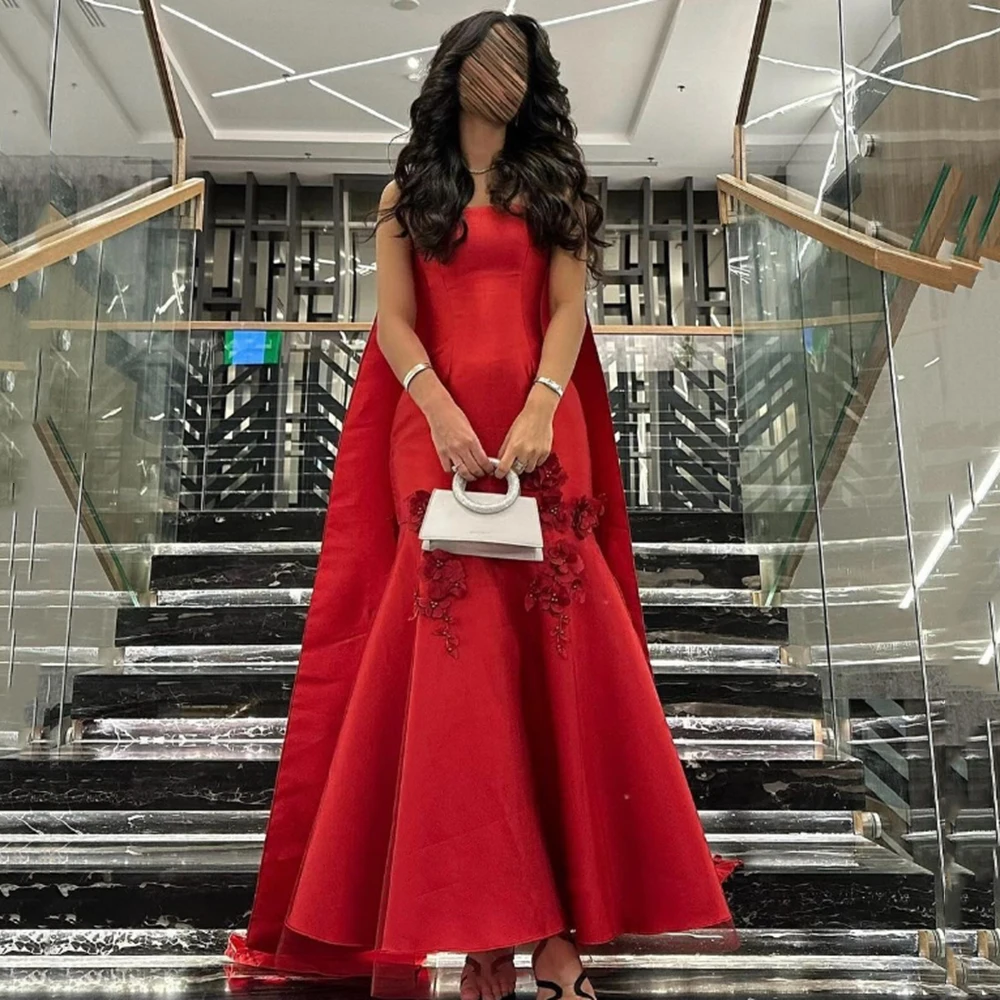 

Customized Red Square Collar Mermaid Satin Evening Dress Flower Appliques With Cape Ankle Length Party Prom Gown For Women