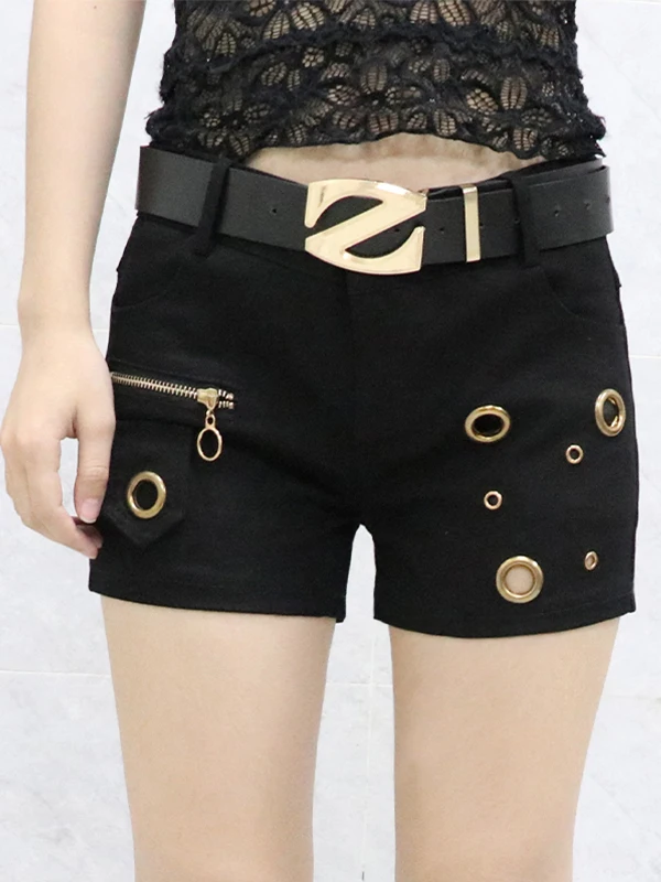 

Black Metal Mesh Slimming Hollow out Women's Shorts Korean Style Sexy Trendy Hot Pants Cotton Stretch Denim Zipper Closure