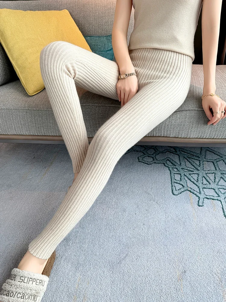 Women's Tights Pants Autumn Winter Stretchy Pants 100% Cashmere Sweater Pants Warm Slim Knit Elastic Ribbed Leggings Bottom Wear