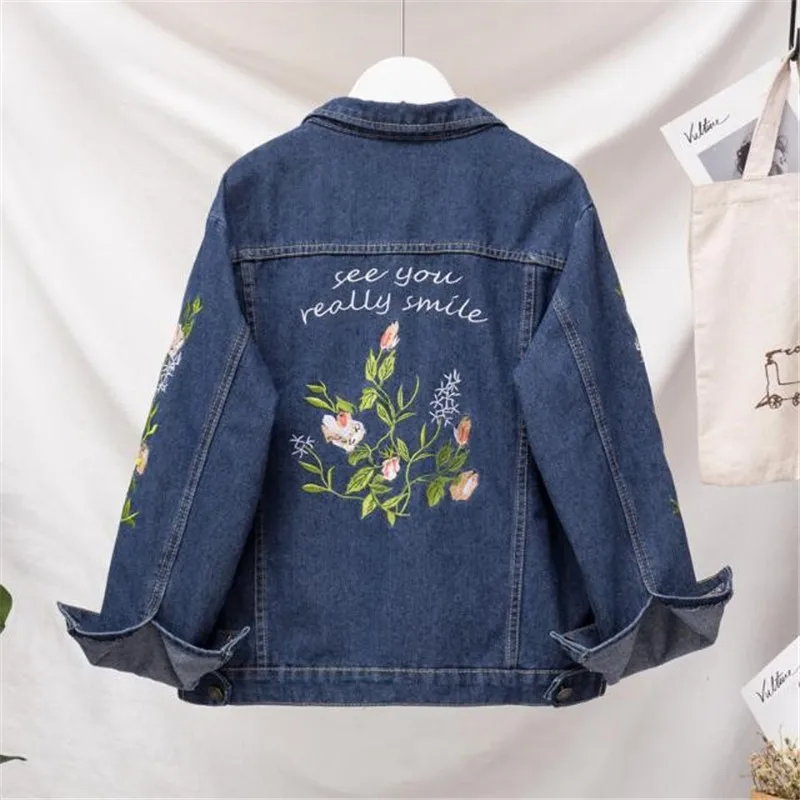 

Nice Pop Autumn Women Denim Jacket Long Sleeve Flowers Female Vintage Casual Jean Jacket Bomber Denim Coat Outwear Plus Size 5XL