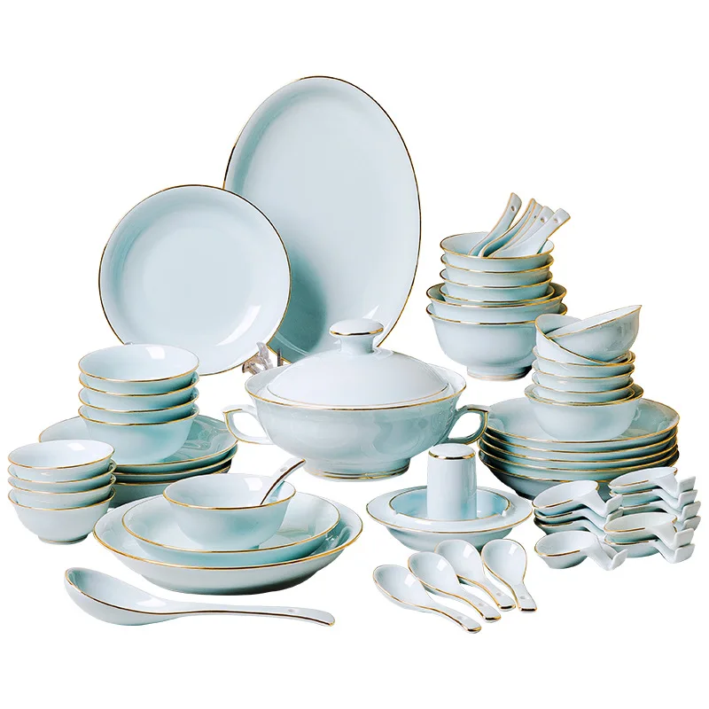 

Celadon tableware set Jingdezhen white porcelain tableware dish combination Chinese style simplicity