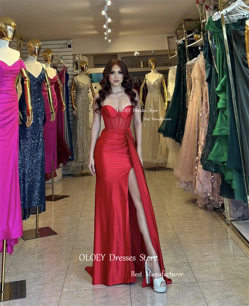 OLOEY-vestidos de noite longos de cetim vermelho para mulheres, cintas de espaguete, vestidos de baile sexy