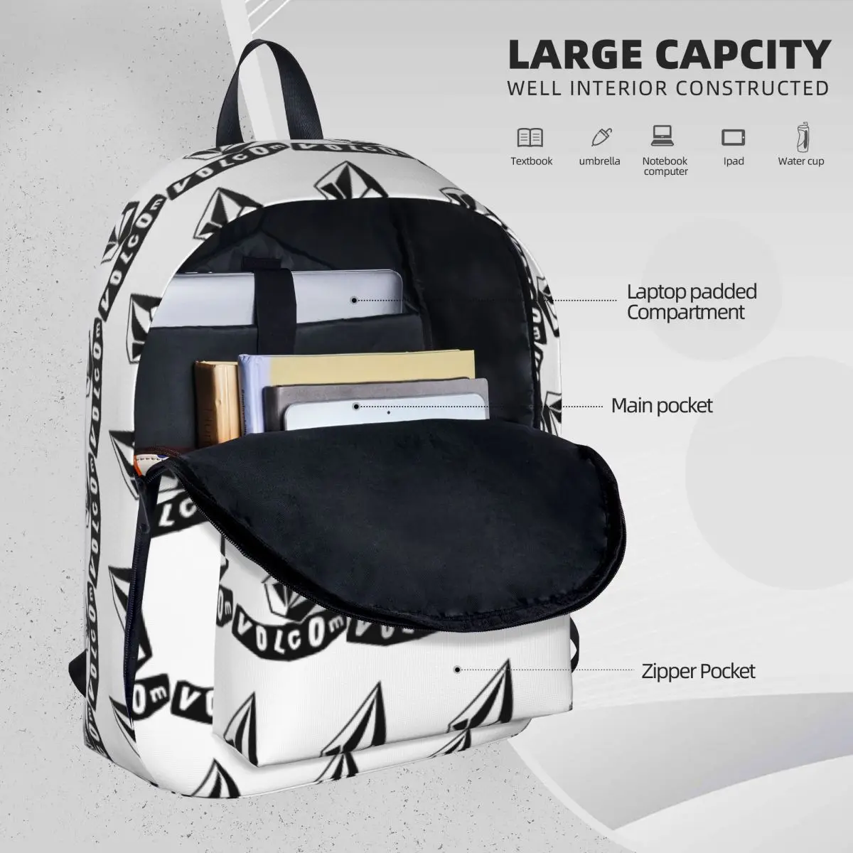 Zaini con logo Volcom Borsa per libri per studenti di grande capacità Borsa a tracolla Zaino per laptop Zaino da viaggio casual Borsa da scuola per