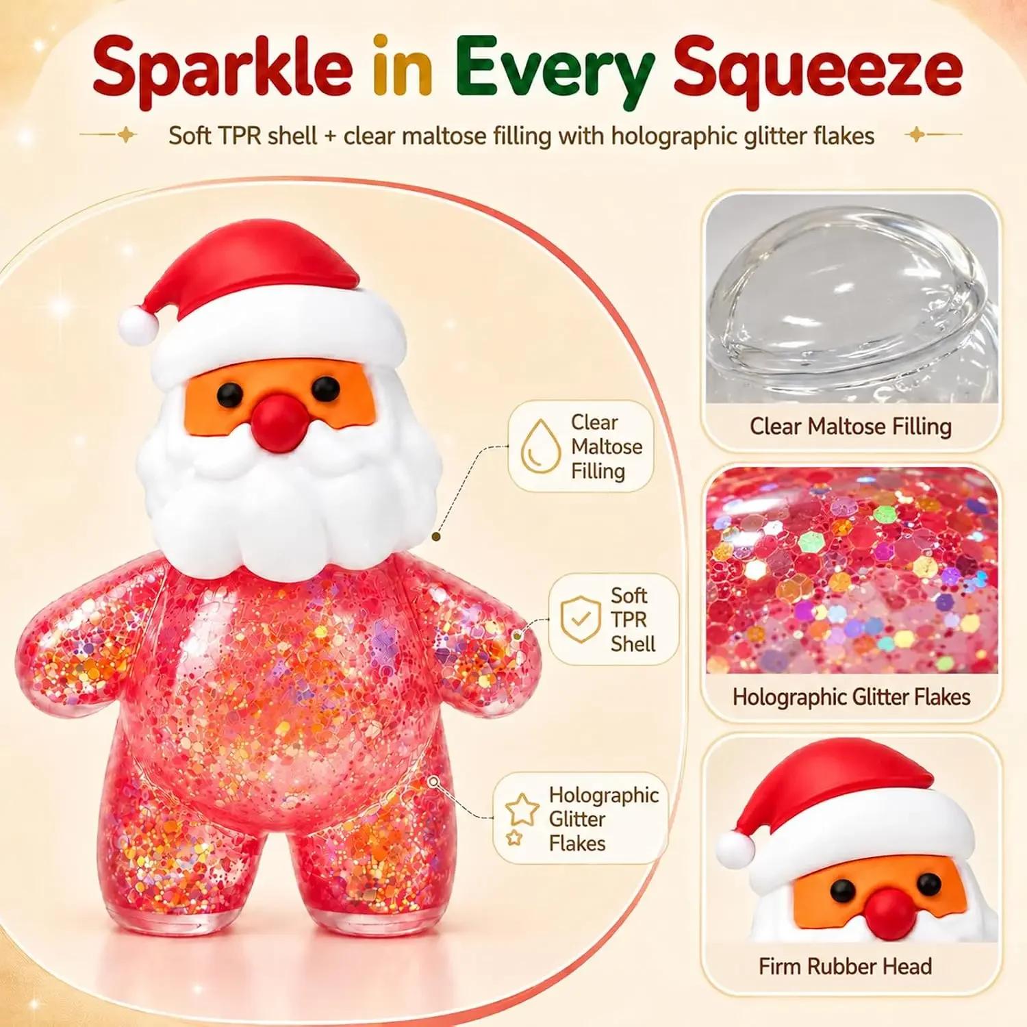1pcs Glitter Christmas Stretch Squishy Toys TPR Soft Squeeze Anti Stress Toy Xmas Stocking Stuffers Birthday Party Bag Fillers