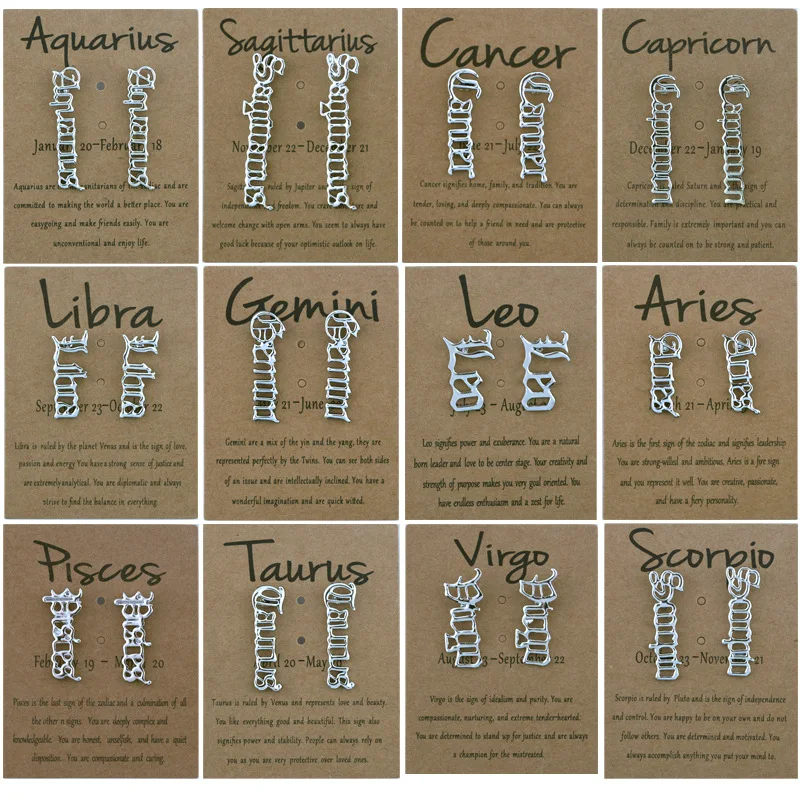 12 Constellation Symbol Stud Earrings Old English Zodiac Sign Jewelry Gift For Women Scorpio Leo Aries Cancer Letter Earrings