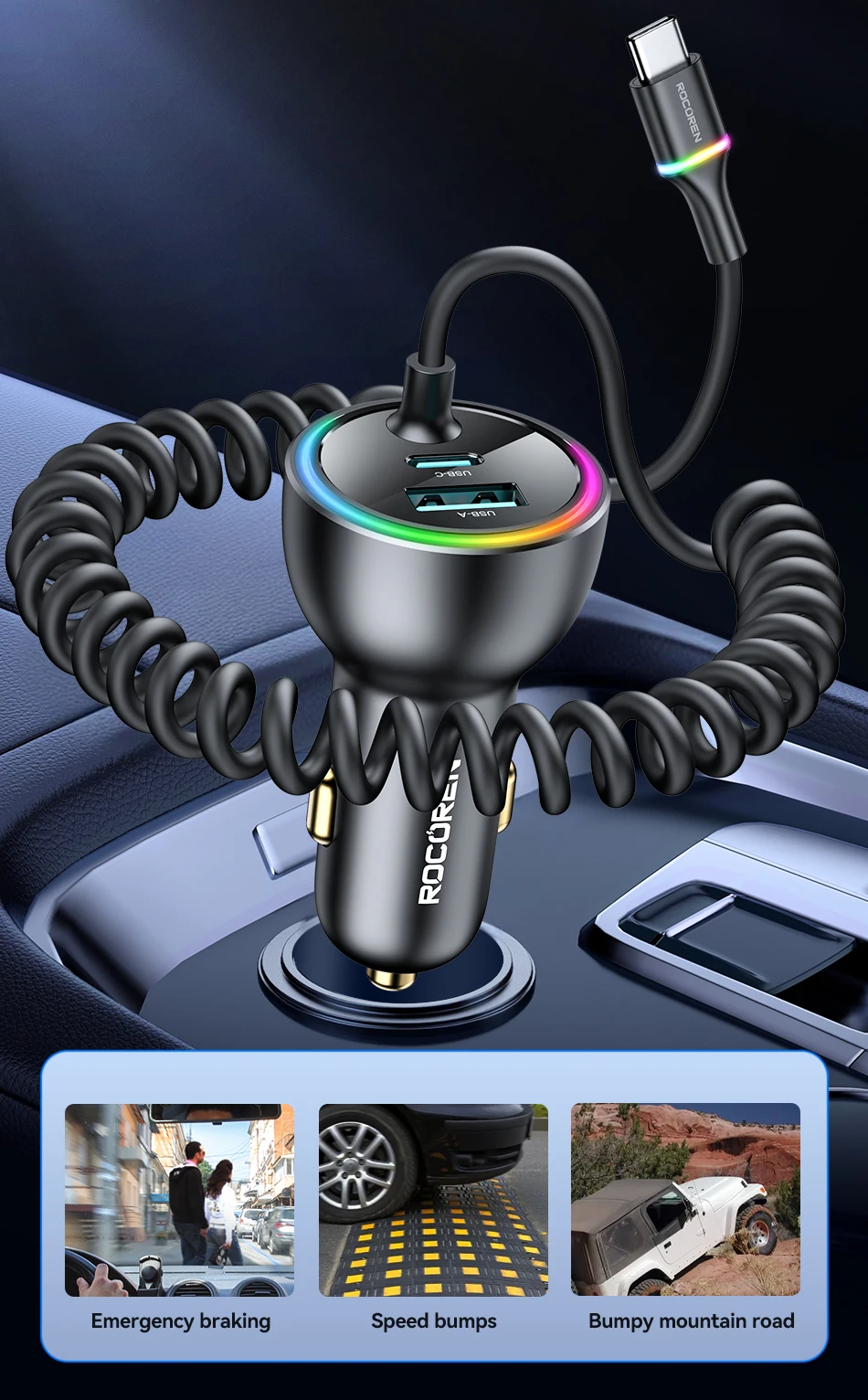 Rocoren 70W USB-Autoladegerät, schnelles Laden, PD 35W USB-C-Autoladegerät mit Federladekabel, Typ-C-Autoladegerät für iPhone Xiaomi – Detail 23