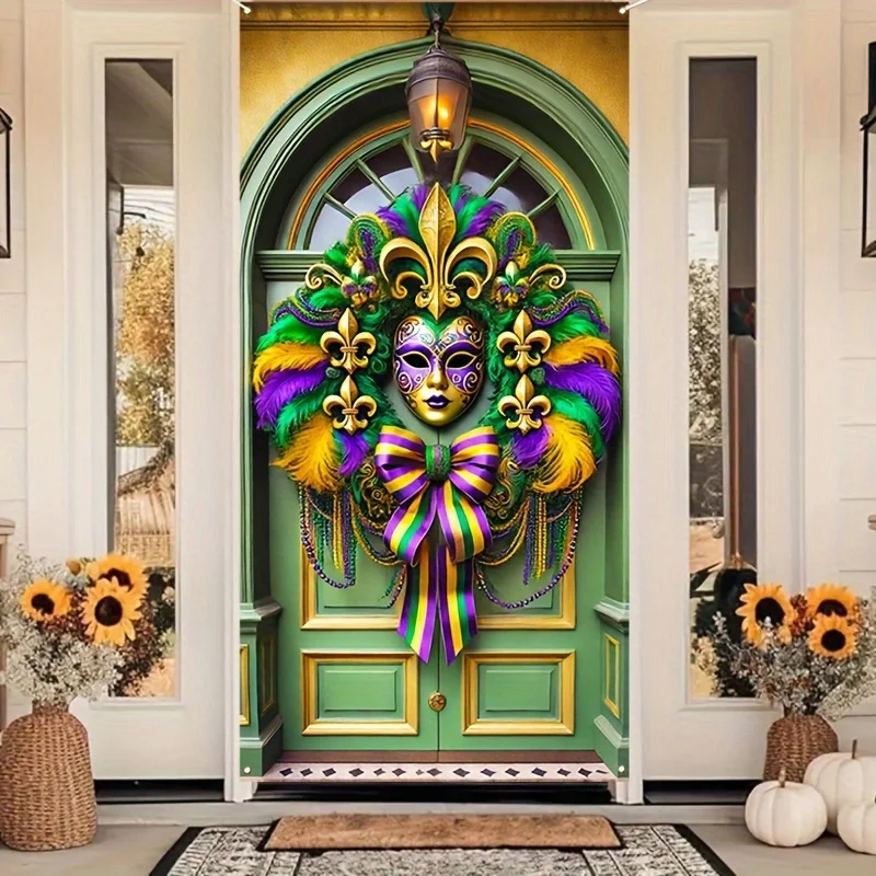 Mardi Gras Decorations Door Cover Banner Mask Feather Garland Print Photography Backdrop Indoor Outdoor Porch Background Decor