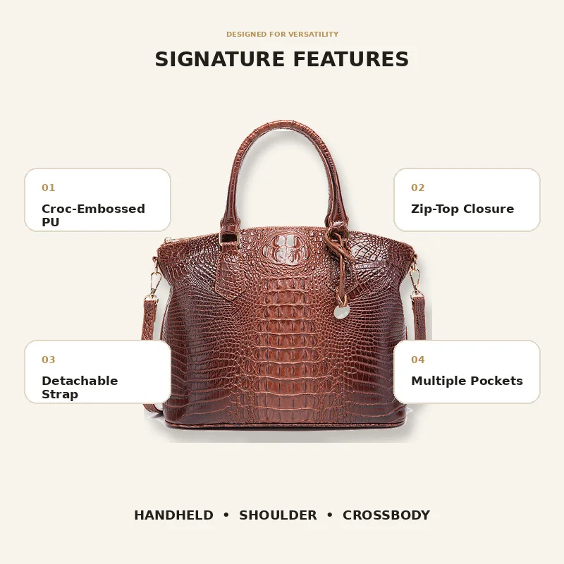 Women's Vintage Crocodile Pattern Handbag Multi Color Top Handle Shoulder Crossbody Bag Elegant Structured Satchel Purse