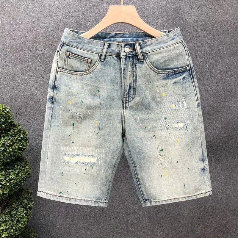 

Summer New Fashion Trend Solid Color American Retro Straight Leg Stretch Denim Shorts Men's Casual Loose Sports Plus Size Shorts