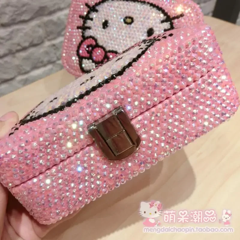 New Kawaii Productos Hello Kitty Full Diamond Handmade Jewelry Box Princess Box Earrings Ring Storage Case Gift for Women Girls