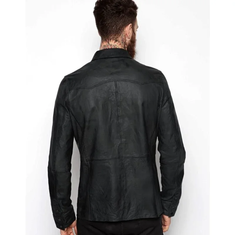 Mens Shirt Jacket Black Real Soft Genuine Lambskin Washed Waxed Leather Shirt