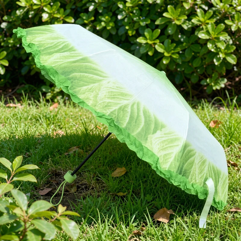 Cute Lettuce Folding Umbrella Stainless Steel Frame Mini Portable Sun Rain Parasol for Women Girls Outdoor Travel Daily Use 양산