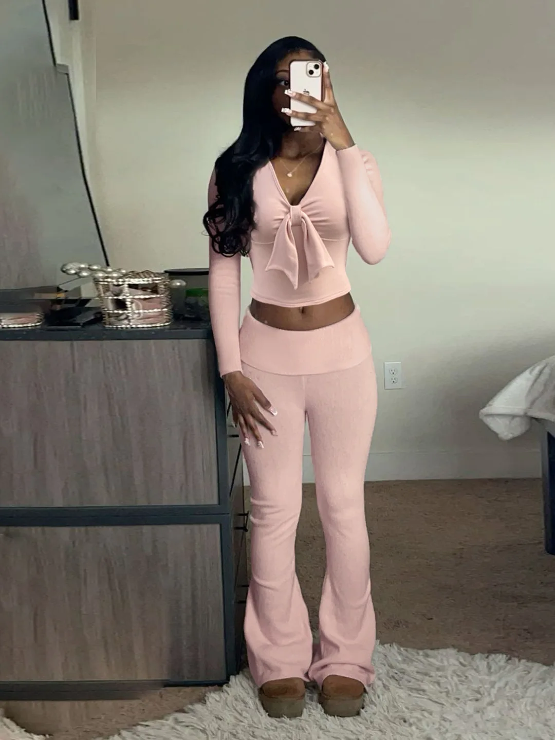 Sweet Sexy  Knot Slimming Long Sve Yoga Suit V-Ne T-irt And Tight Yoga Pants Faionable Autumn Outfit for Women