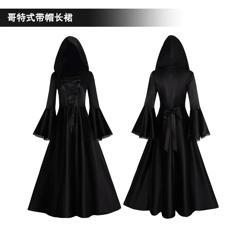 

Medieval Retro Lace Up Dresse For Women Black Flare Sleeve Maxi Dress Halloween Party Hooded Witch Ball Gown Cospaly Costume