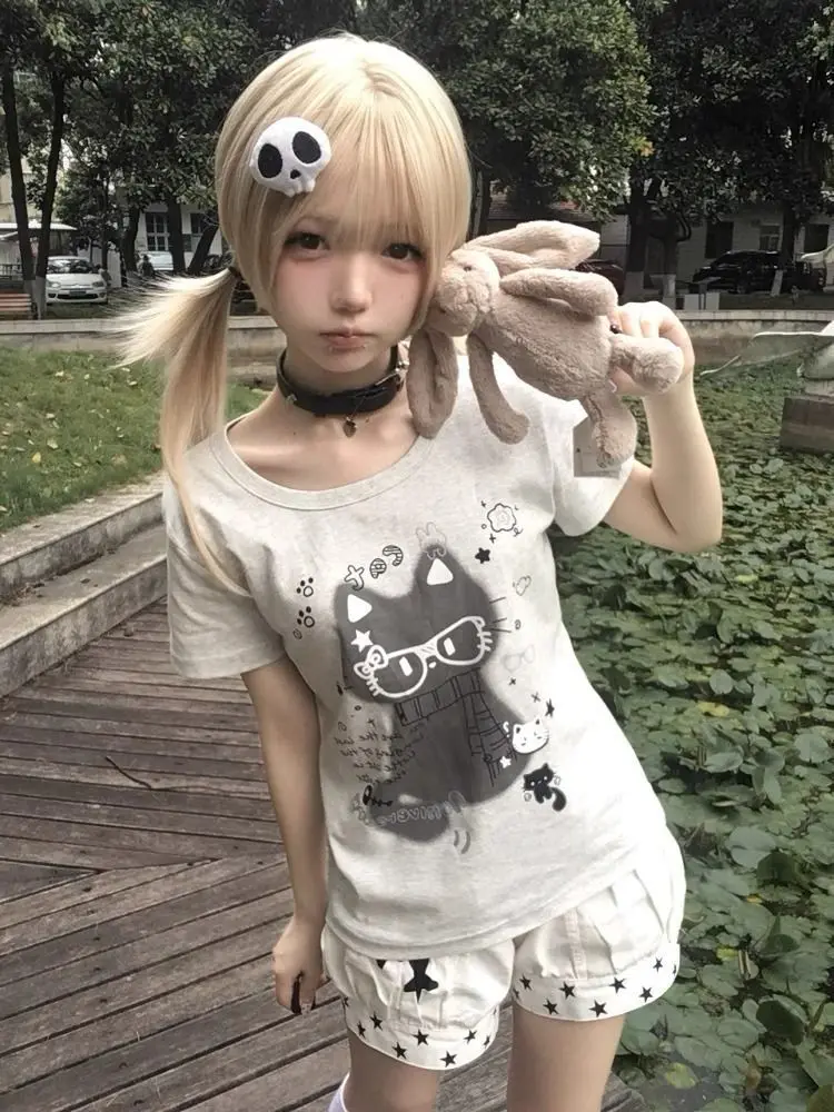 

Kawaii укороченные топы с мультяшным принтом Harajuku Lolita, футболки с короткими рукавами, женские эстетические тонкие футболки Y2k, винтажная фея, японский гранж