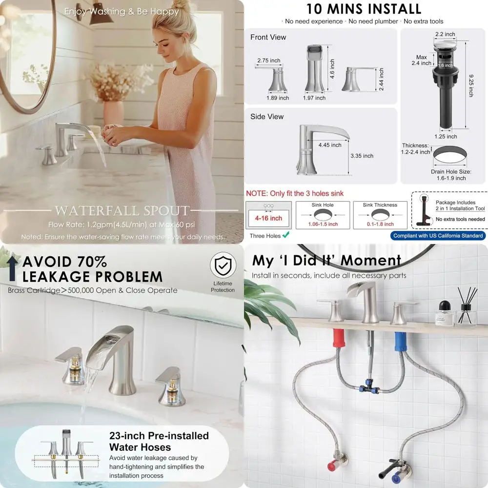 

3-Hole Brushed Nickel Widespread Bathroom Sink Faucet with Waterfall Spout, Drain, and Hose, 4-8 Inch, Brass, Easy 10 Min Instal