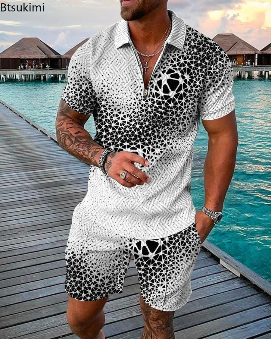 Fashion New Abstract 3D Print Polo Shirt Shorts Sets Men's Summer Trend Tracksuit Contrast Color Casual Suits 2024 Men Clothing