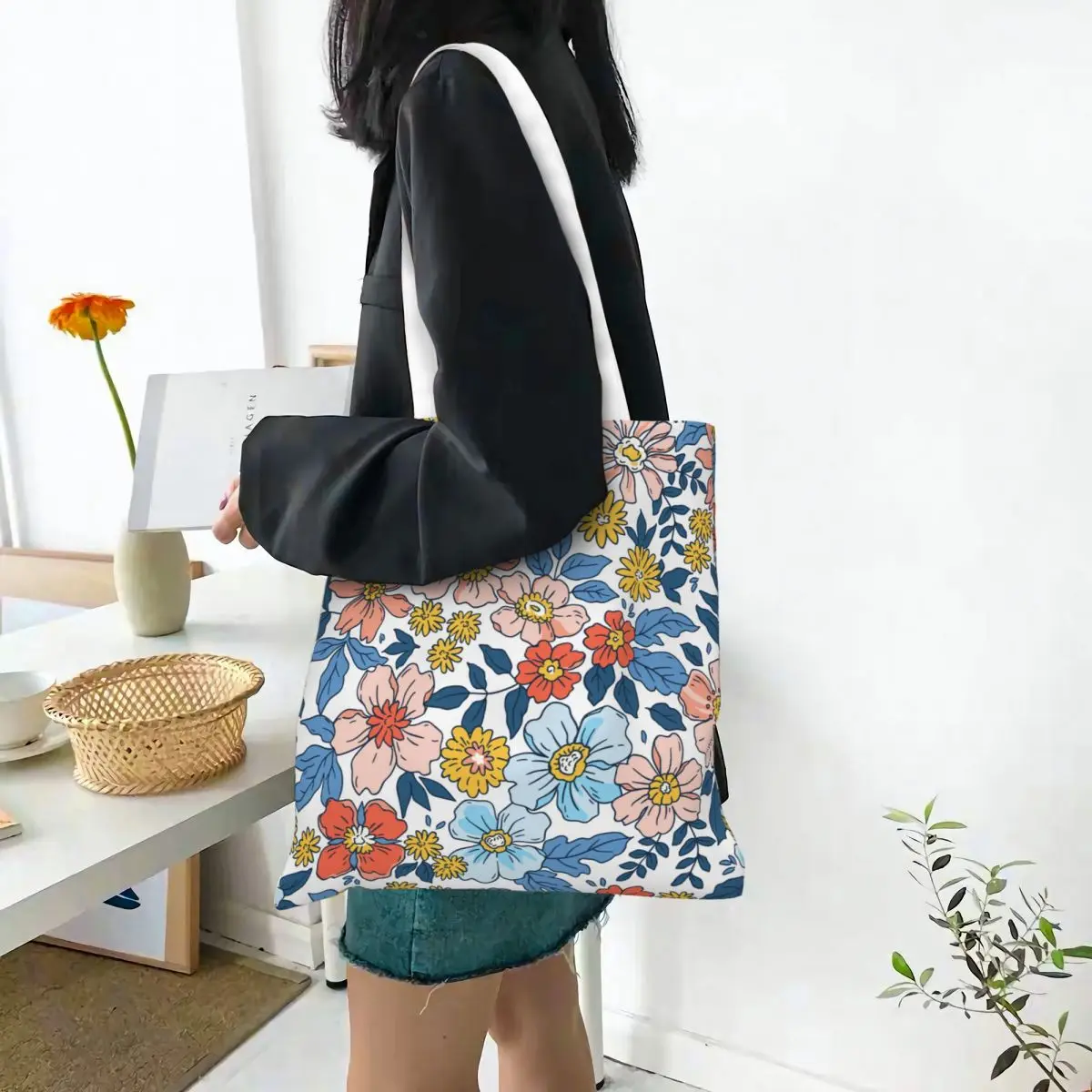 Elegant Floral Spring Flower Tote Bags Women Handbag Canvas Student Vintage Pattern Shoulder Bag Printed Grocery Bag