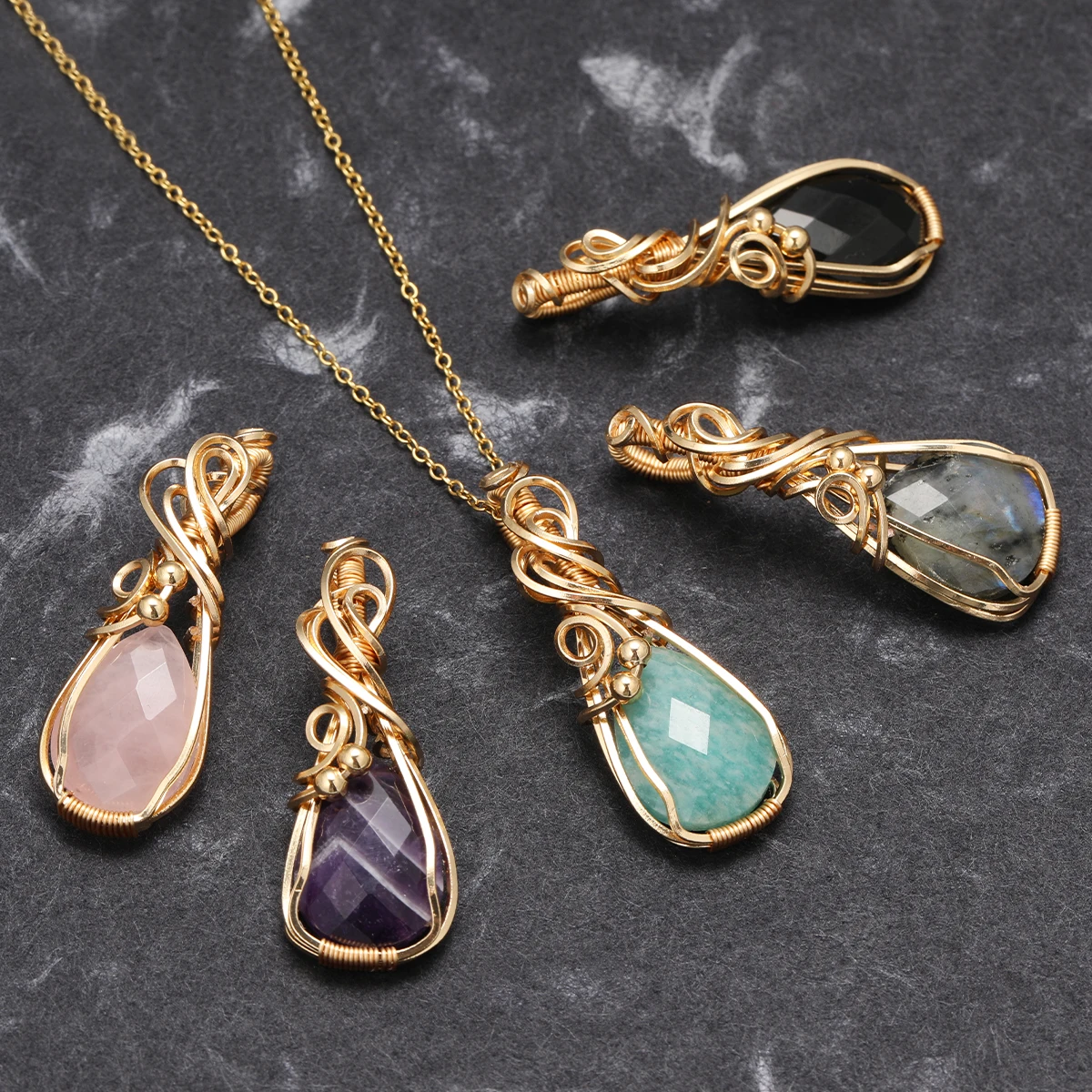 

Natural Stone Crystal Necklace Pendant Stainless Steel Chain Women's Necklace Teardrop Pendant Jewelry Making Chain Gift Jewelry