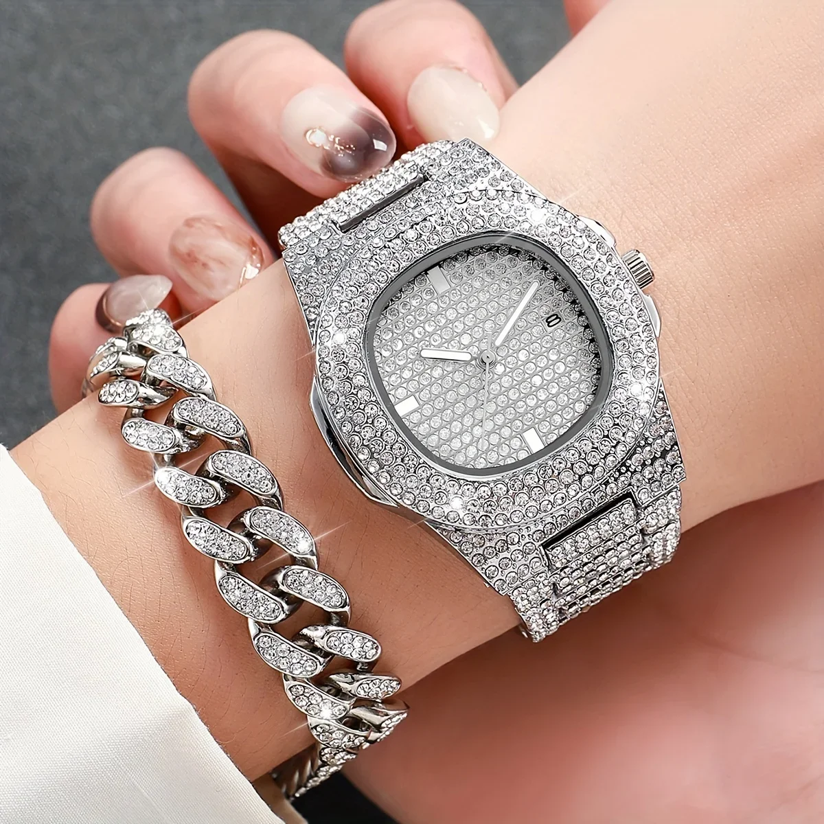 2pcs/set Women\'s Watch Luxury Rhinestone Quartz Watch Analog Stainless Steel Wrist Watch With Bracelet Set, Gift For Mom Her