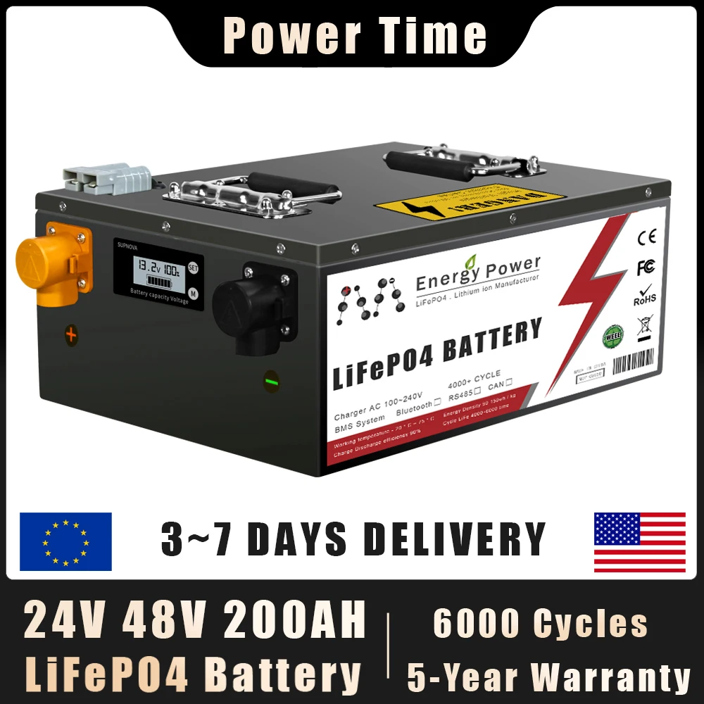 24V 48V 100Ah 200Ah LiFePO4 Battery Pack Bluetooth BMS 6000+ Cycles Lithium Iron Phosphate Battery For Solar Home Storage RV