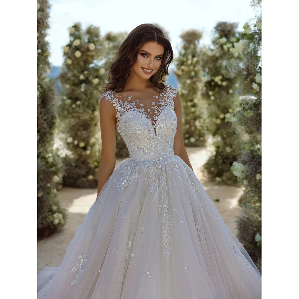 Personalizado de luxo brilhante vestido de baile vestidos de casamento elegante decote tule apliques rendas princesa vestidos de noiva novia