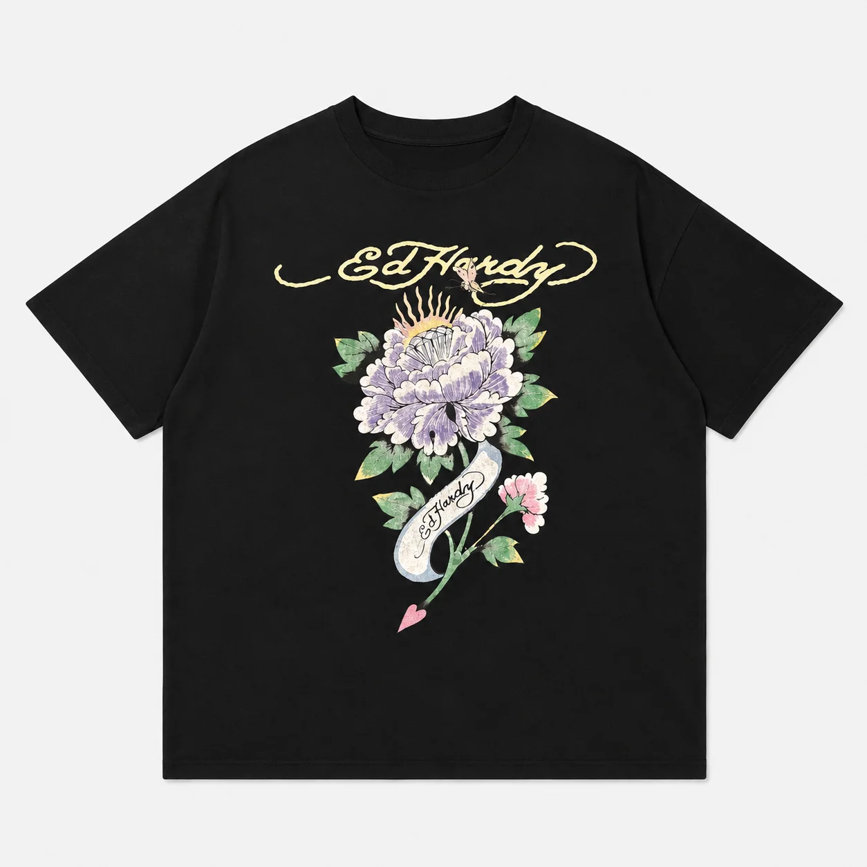 Ed Hardy Purple Peony Heart Arrow Banner Print T Shirt Unisex Loose Oversized Harajuku Streetwear Cotton Summer Graphic Tee
