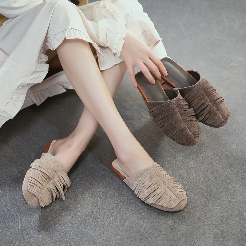 Birkuir Retro Women Tassel Slippers Genuine Leather Flats Slides 2026 Closed Toe Flats Heel Luxury Fashion Summer Beach Slides