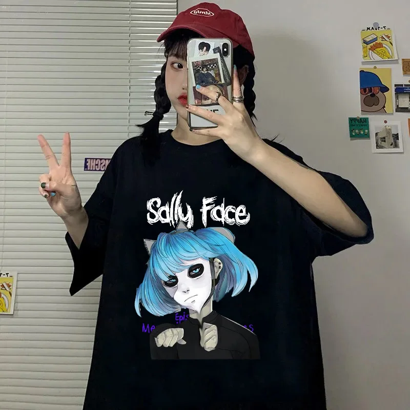 เสื้อยืดผู้ชายพิมพ์ลายหน้าแซลลี่เสื้อยืดแขนสั้นธรรมดาสำหรับผู้หญิงเสื้อท่อนบนแขนลำลองขาสั้นฤดูร้อนแฟชั่นฮาราจูกุ