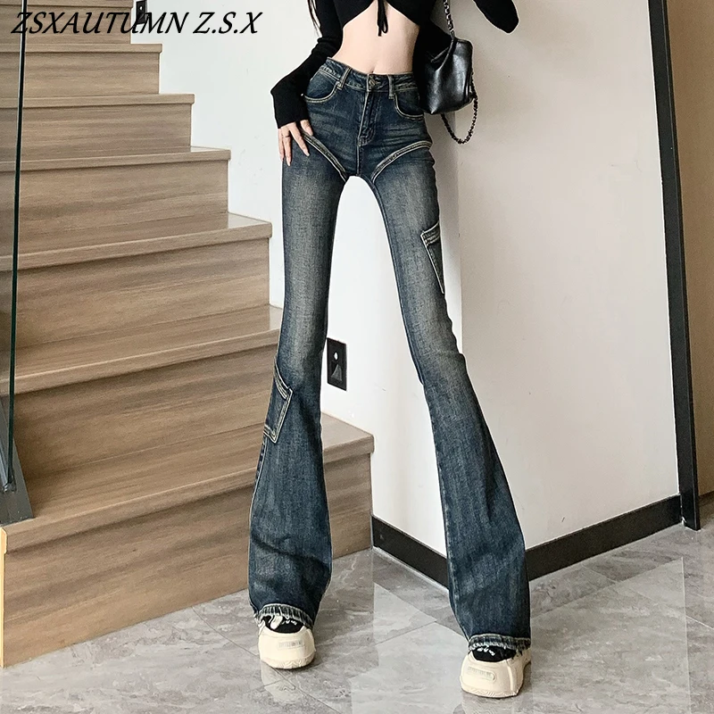 American Vintage Micro Flare Jeans Hip Hop Y2k Jeans Women Clothing New Unique Design Personality Pocket High Street Trend Jeans