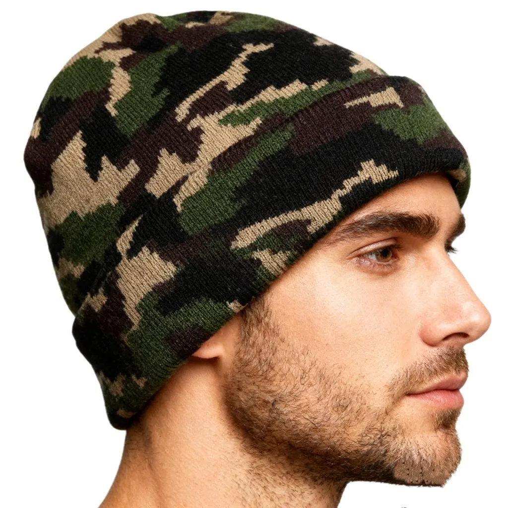 Unisex Camouflage Jacquard Knit Beanie Hat Tactical Military Streetwear Winter Warm Cuffed Skull Cap Outdoor Winter Hat Ushanka