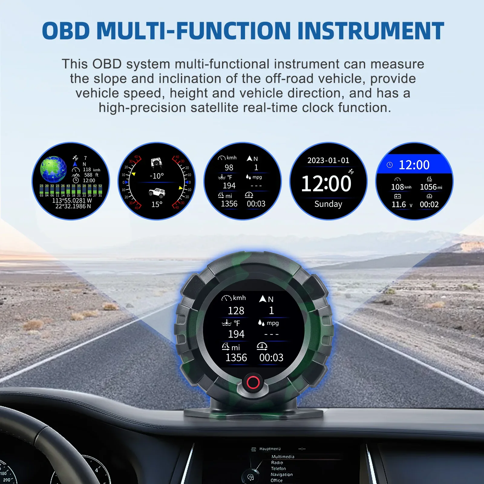 X95 for HUD Multifunction 4x4 Car Head Up Display OBD/GPS Speedometer Slope Gauges Inclinometer mileage altitude overspeed alarm