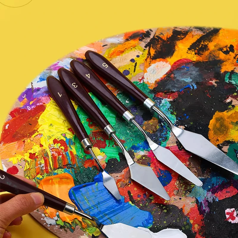 7PCS Professional Painting Scraper Set Wood Handle Stainless Steel Gouache Acrylic Paint Mixing Knives Art Tools for Watercolor