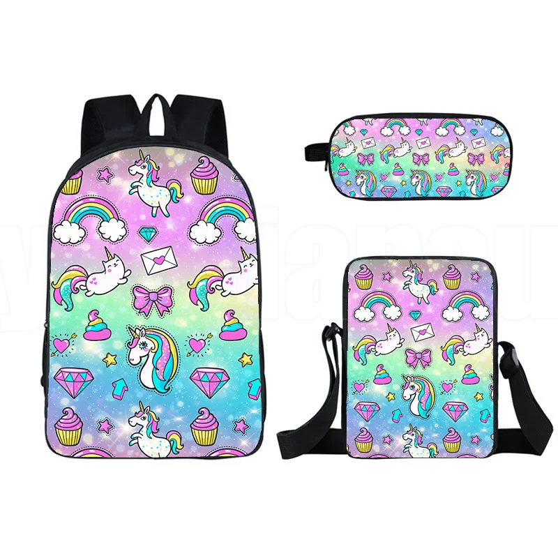 Cartoon arco-íris rosa Unicórnio Mochila, 3D Print School Student Bookbag, mochila para laptop, bolsa de ombro, estojo, novidade, 3pcs por conjunto