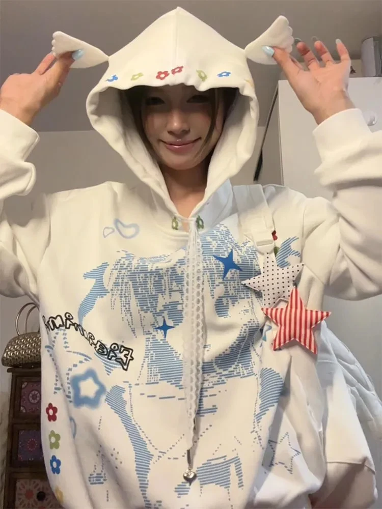 

Fashion Cartoon Printed Hoodies Women Autumn Winter Loose Long Sleeve Coats Japanese Anime Y2k Aesthetic Sweatshirts
