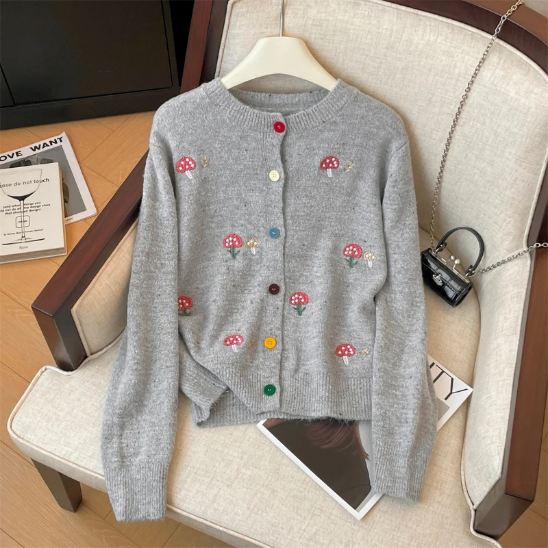 Bomon 2000's Harajuku style craft embroidered mushroom sweater Cardigan women 2024 Y2K autumn/winter new sweet color button top