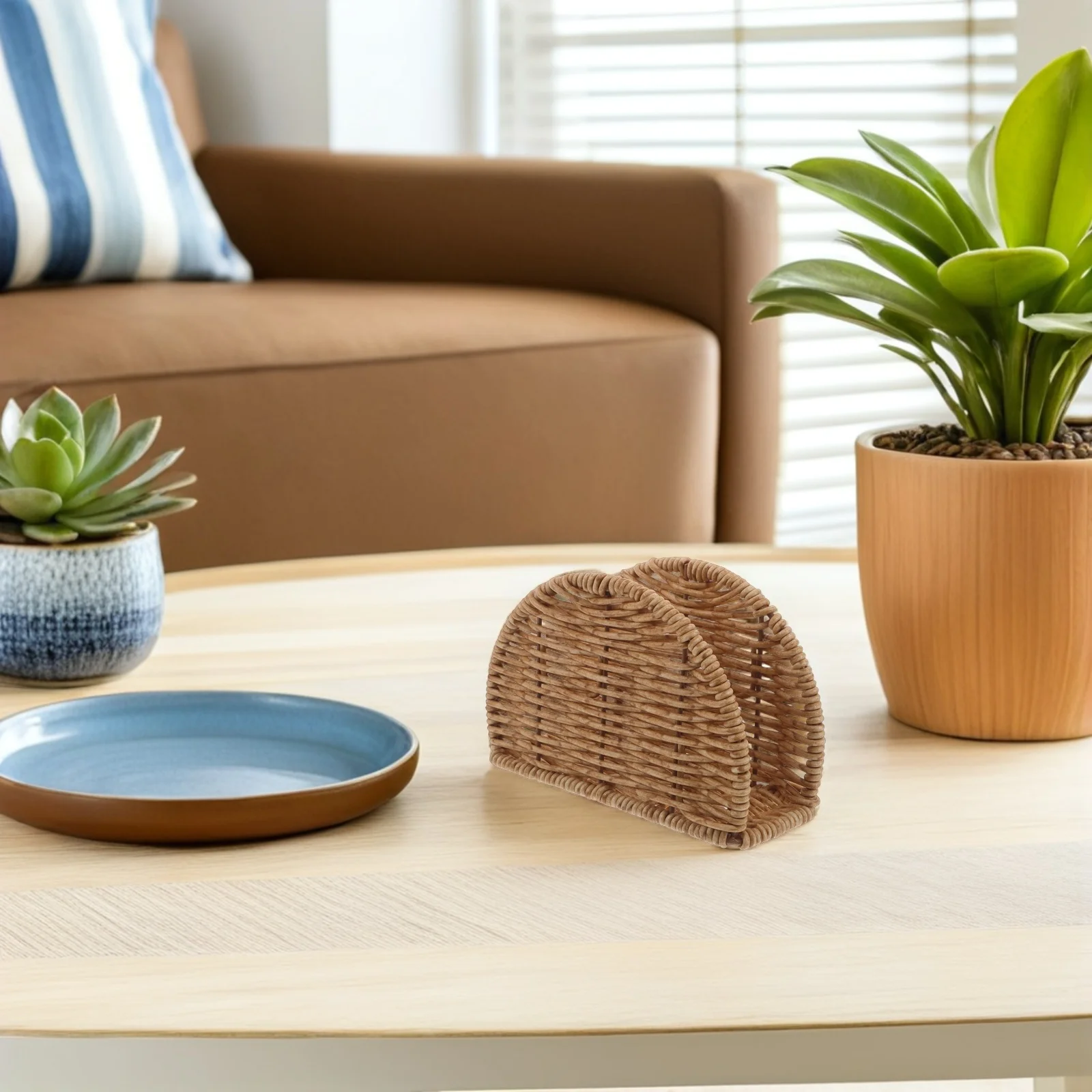 Servilletero de plástico de imitación de ratán, dispensador de pie moderno y elegante para mesa de cocina, organizador de comedor, protector de pañuelos