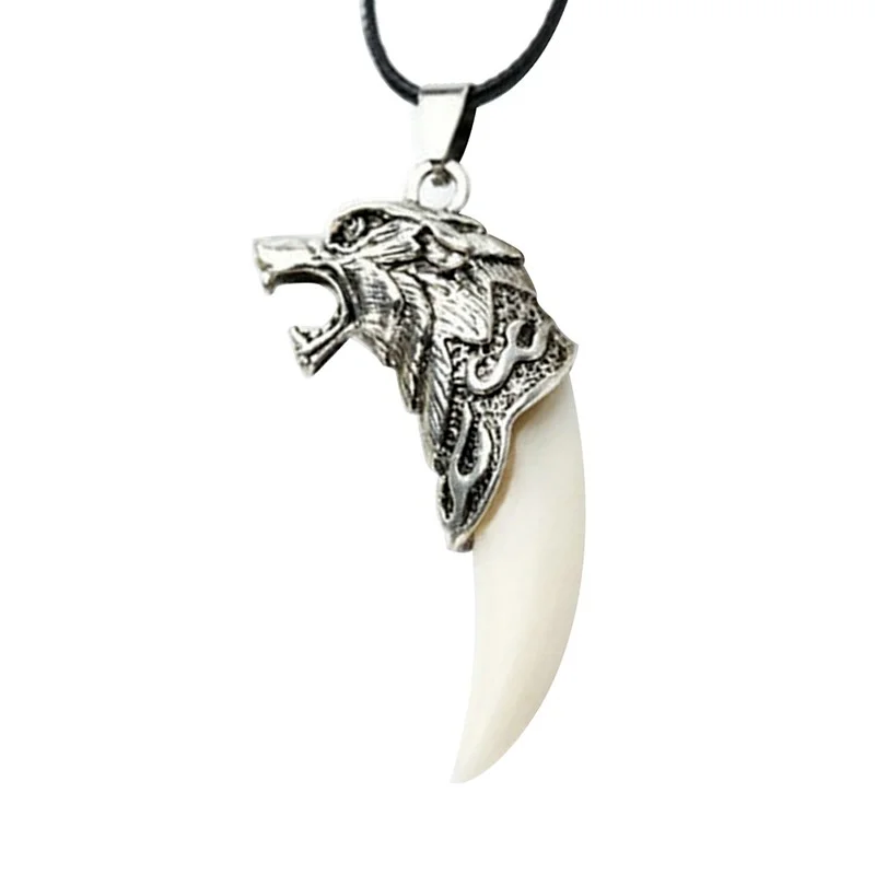 New Fashion Antique Silver Wolf Tooth Pendant Necklace Tribal Carved Wolf Fang Tooth Pendant Faux Leather Rope Necklaces for Men